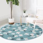 - RealHomes Dijital Baskılı Kaymaz Tabanlı Comfort Yuvarlak Halı - Realhomes  Renkli Zeminde Papatya Desenli Dijital Baskılı Modern Turkuaz Salon ve Oturma Odası Yıkanabilir Kaymaz Tabanlı Yuvarlak Halı Realhomes