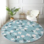 - RealHomes Dijital Baskılı Kaymaz Tabanlı Comfort Yuvarlak Halı - Realhomes  Renkli Zeminde Papatya Desenli Dijital Baskılı Modern Turkuaz Salon ve Oturma Odası Yıkanabilir Kaymaz Tabanlı Yuvarlak Halı Realhomes