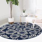 - RealHomes Dijital Baskılı Kaymaz Tabanlı Comfort Yuvarlak Halı - Realhomes  Lacivert Zeminde Onedraw Çizimli Papatya Dijital Baskılı Modern Salon ve Oturma Odası Kaymaz Tabanlı Yuvarlak Halı Realhomes