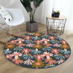 - RealHomes Dijital Baskılı Kaymaz Tabanlı Comfort Yuvarlak Halı - Realhomes  Siyah Zeminde Renkli Çiçek Desenli Dijital Baskılı Modern Turuncu Salon ve Oturma Odası Yıkanabilir Kaymaz Tabanlı Yuvarlak Halı Realhomes