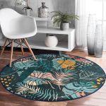 - RealHomes Dijital Baskılı Kaymaz Tabanlı Comfort Yuvarlak Halı - Realhomes  Siyah Zeminde Renkli Yaprak Desenli Dijital Baskılı Modern Yeşil Outdoor Yıkanabilir Kaymaz Tabanlı Yuvarlak Halı Realhomes