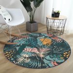 - RealHomes Dijital Baskılı Kaymaz Tabanlı Comfort Yuvarlak Halı - Realhomes  Siyah Zeminde Renkli Yaprak Desenli Dijital Baskılı Modern Yeşil Outdoor Yıkanabilir Kaymaz Tabanlı Yuvarlak Halı Realhomes