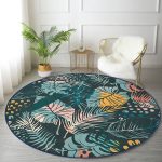 - RealHomes Dijital Baskılı Kaymaz Tabanlı Comfort Yuvarlak Halı - Realhomes  Siyah Zeminde Renkli Yaprak Desenli Dijital Baskılı Modern Yeşil Outdoor Yıkanabilir Kaymaz Tabanlı Yuvarlak Halı Realhomes