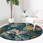 - RealHomes Dijital Baskılı Kaymaz Tabanlı Comfort Yuvarlak Halı - Realhomes  Siyah Zeminde Renkli Yaprak Desenli Dijital Baskılı Modern Yeşil Outdoor Yıkanabilir Kaymaz Tabanlı Yuvarlak Halı Realhomes