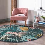 - RealHomes Dijital Baskılı Kaymaz Tabanlı Comfort Yuvarlak Halı - Realhomes  Siyah Zeminde Renkli Yaprak Desenli Dijital Baskılı Modern Yeşil Outdoor Yıkanabilir Kaymaz Tabanlı Yuvarlak Halı Realhomes