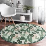 - RealHomes Dijital Baskılı Kaymaz Tabanlı Comfort Yuvarlak Halı - Realhomes  Soft Renkli Zeminde Koyu Yaprak Desenli Dijital Baskılı Modern Yeşil Salon ve Oturma Odası Kaymaz Tabanlı Yuvarlak Halı Realhomes