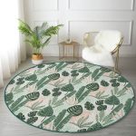 - RealHomes Dijital Baskılı Kaymaz Tabanlı Comfort Yuvarlak Halı - Realhomes  Soft Renkli Zeminde Koyu Yaprak Desenli Dijital Baskılı Modern Yeşil Salon ve Oturma Odası Kaymaz Tabanlı Yuvarlak Halı Realhomes