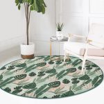 - RealHomes Dijital Baskılı Kaymaz Tabanlı Comfort Yuvarlak Halı - Realhomes  Soft Renkli Zeminde Koyu Yaprak Desenli Dijital Baskılı Modern Yeşil Salon ve Oturma Odası Kaymaz Tabanlı Yuvarlak Halı Realhomes