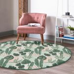- RealHomes Dijital Baskılı Kaymaz Tabanlı Comfort Yuvarlak Halı - Realhomes  Soft Renkli Zeminde Koyu Yaprak Desenli Dijital Baskılı Modern Yeşil Salon ve Oturma Odası Kaymaz Tabanlı Yuvarlak Halı Realhomes