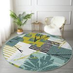 - RealHomes Dijital Baskılı Kaymaz Tabanlı Comfort Yuvarlak Halı - Realhomes  Beyaz Zeminde Onedraw Çizimli Yaprak Motifli Dijital Baskılı Modern Turkuaz Salon ve Oturma Odası Kaymaz Tabanlı Yuvarlak Halı Realhomes