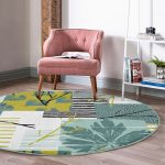 - RealHomes Dijital Baskılı Kaymaz Tabanlı Comfort Yuvarlak Halı - Realhomes  Beyaz Zeminde Onedraw Çizimli Yaprak Motifli Dijital Baskılı Modern Turkuaz Salon ve Oturma Odası Kaymaz Tabanlı Yuvarlak Halı Realhomes