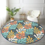 - RealHomes Dijital Baskılı Kaymaz Tabanlı Comfort Yuvarlak Halı - Realhomes  Renkli Zeminde Onedraw Çizimli Yaprak Motifli Dijital Baskılı Modern Salon ve Oturma Odası Kaymaz Tabanlı Yuvarlak Halı Realhomes