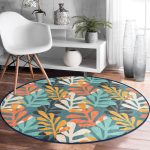 - RealHomes Dijital Baskılı Kaymaz Tabanlı Comfort Yuvarlak Halı - Realhomes  Renkli Zeminde Onedraw Çizimli Yaprak Motifli Dijital Baskılı Modern Salon ve Oturma Odası Kaymaz Tabanlı Yuvarlak Halı Realhomes