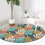 - RealHomes Dijital Baskılı Kaymaz Tabanlı Comfort Yuvarlak Halı - Realhomes  Renkli Zeminde Onedraw Çizimli Yaprak Motifli Dijital Baskılı Modern Salon ve Oturma Odası Kaymaz Tabanlı Yuvarlak Halı Realhomes