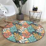 - RealHomes Dijital Baskılı Kaymaz Tabanlı Comfort Yuvarlak Halı - Realhomes  Renkli Zeminde Onedraw Çizimli Yaprak Motifli Dijital Baskılı Modern Salon ve Oturma Odası Kaymaz Tabanlı Yuvarlak Halı Realhomes