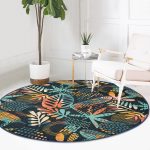 - RealHomes Dijital Baskılı Kaymaz Tabanlı Comfort Yuvarlak Halı - Realhomes  Siyah Zeminde Onedraw Çizimli Yaprak Motifli Dijital Baskılı Modern Renkli Salon ve Oturma Odası Kaymaz Tabanlı Yuvarlak Halı Realhomes