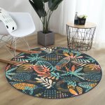 - RealHomes Dijital Baskılı Kaymaz Tabanlı Comfort Yuvarlak Halı - Realhomes  Siyah Zeminde Onedraw Çizimli Yaprak Motifli Dijital Baskılı Modern Renkli Salon ve Oturma Odası Kaymaz Tabanlı Yuvarlak Halı Realhomes