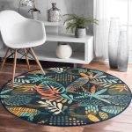 - RealHomes Dijital Baskılı Kaymaz Tabanlı Comfort Yuvarlak Halı - Realhomes  Siyah Zeminde Onedraw Çizimli Yaprak Motifli Dijital Baskılı Modern Renkli Salon ve Oturma Odası Kaymaz Tabanlı Yuvarlak Halı Realhomes