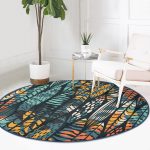 - RealHomes Dijital Baskılı Kaymaz Tabanlı Comfort Yuvarlak Halı - Realhomes Siyah Zeminde Yaprak Desenli Dijital Baskılı Modern Renkli Salon ve Oturma Odası Yıkanabilir Kaymaz Tabanlı Yuvarlak Halı Realhomes