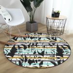 - RealHomes Dijital Baskılı Kaymaz Tabanlı Comfort Yuvarlak Halı - Realhomes  Beyaz Zeminde Renkli Çizgili Yaprak Desenli Dijital Baskılı Modern Turkuaz Outdoor Yıkanabilir Kaymaz Tabanlı Yuvarlak Halı Realhomes