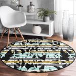 - RealHomes Dijital Baskılı Kaymaz Tabanlı Comfort Yuvarlak Halı - Realhomes  Beyaz Zeminde Renkli Çizgili Yaprak Desenli Dijital Baskılı Modern Turkuaz Outdoor Yıkanabilir Kaymaz Tabanlı Yuvarlak Halı Realhomes