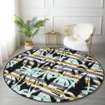 - RealHomes Dijital Baskılı Kaymaz Tabanlı Comfort Yuvarlak Halı - Realhomes  Beyaz Zeminde Renkli Çizgili Yaprak Desenli Dijital Baskılı Modern Turkuaz Outdoor Yıkanabilir Kaymaz Tabanlı Yuvarlak Halı Realhomes