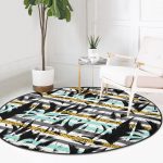 - RealHomes Dijital Baskılı Kaymaz Tabanlı Comfort Yuvarlak Halı - Realhomes  Beyaz Zeminde Renkli Çizgili Yaprak Desenli Dijital Baskılı Modern Turkuaz Outdoor Yıkanabilir Kaymaz Tabanlı Yuvarlak Halı Realhomes