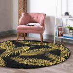 - RealHomes Dijital Baskılı Kaymaz Tabanlı Comfort Yuvarlak Halı - Realhomes  Siyah Zeminde Gold Renkli Yaprak Desenli Dijital Baskılı Modern Koridor ve Antre Yıkanabilir Kaymaz Tabanlı Yuvarlak Halı Realhomes