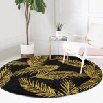 - RealHomes Dijital Baskılı Kaymaz Tabanlı Comfort Yuvarlak Halı - Realhomes  Siyah Zeminde Gold Renkli Yaprak Desenli Dijital Baskılı Modern Koridor ve Antre Yıkanabilir Kaymaz Tabanlı Yuvarlak Halı Realhomes