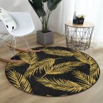 - RealHomes Dijital Baskılı Kaymaz Tabanlı Comfort Yuvarlak Halı - Realhomes  Siyah Zeminde Gold Renkli Yaprak Desenli Dijital Baskılı Modern Koridor ve Antre Yıkanabilir Kaymaz Tabanlı Yuvarlak Halı Realhomes