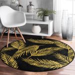 - RealHomes Dijital Baskılı Kaymaz Tabanlı Comfort Yuvarlak Halı - Realhomes  Siyah Zeminde Gold Renkli Yaprak Desenli Dijital Baskılı Modern Koridor ve Antre Yıkanabilir Kaymaz Tabanlı Yuvarlak Halı Realhomes