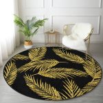 - RealHomes Dijital Baskılı Kaymaz Tabanlı Comfort Yuvarlak Halı - Realhomes  Siyah Zeminde Gold Renkli Yaprak Desenli Dijital Baskılı Modern Koridor ve Antre Yıkanabilir Kaymaz Tabanlı Yuvarlak Halı Realhomes