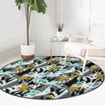 - RealHomes Dijital Baskılı Kaymaz Tabanlı Comfort Yuvarlak Halı - Realhomes  Beyaz Zeminde Renkli Palmiye Desenli Dijital Baskılı Modern Turkuaz Outdoor Yıkanabilir Kaymaz Tabanlı Yuvarlak Halı Realhomes