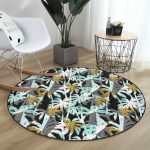 - RealHomes Dijital Baskılı Kaymaz Tabanlı Comfort Yuvarlak Halı - Realhomes  Beyaz Zeminde Renkli Palmiye Desenli Dijital Baskılı Modern Turkuaz Outdoor Yıkanabilir Kaymaz Tabanlı Yuvarlak Halı Realhomes