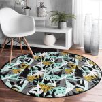 - RealHomes Dijital Baskılı Kaymaz Tabanlı Comfort Yuvarlak Halı - Realhomes  Beyaz Zeminde Renkli Palmiye Desenli Dijital Baskılı Modern Turkuaz Outdoor Yıkanabilir Kaymaz Tabanlı Yuvarlak Halı Realhomes