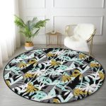 - RealHomes Dijital Baskılı Kaymaz Tabanlı Comfort Yuvarlak Halı - Realhomes  Beyaz Zeminde Renkli Palmiye Desenli Dijital Baskılı Modern Turkuaz Outdoor Yıkanabilir Kaymaz Tabanlı Yuvarlak Halı Realhomes