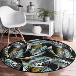 - RealHomes Dijital Baskılı Kaymaz Tabanlı Comfort Yuvarlak Halı - Realhomes  Siyah Zeminde Yaprak Desenli Dijital Baskılı Modern Turkuaz Outdoor Yıkanabilir Kaymaz Tabanlı Yuvarlak Halı Realhomes