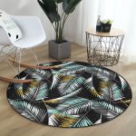 - RealHomes Dijital Baskılı Kaymaz Tabanlı Comfort Yuvarlak Halı - Realhomes  Siyah Zeminde Yaprak Desenli Dijital Baskılı Modern Turkuaz Outdoor Yıkanabilir Kaymaz Tabanlı Yuvarlak Halı Realhomes