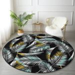 - RealHomes Dijital Baskılı Kaymaz Tabanlı Comfort Yuvarlak Halı - Realhomes  Siyah Zeminde Yaprak Desenli Dijital Baskılı Modern Turkuaz Outdoor Yıkanabilir Kaymaz Tabanlı Yuvarlak Halı Realhomes