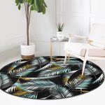 - RealHomes Dijital Baskılı Kaymaz Tabanlı Comfort Yuvarlak Halı - Realhomes  Siyah Zeminde Yaprak Desenli Dijital Baskılı Modern Turkuaz Outdoor Yıkanabilir Kaymaz Tabanlı Yuvarlak Halı Realhomes