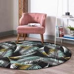 - RealHomes Dijital Baskılı Kaymaz Tabanlı Comfort Yuvarlak Halı - Realhomes  Siyah Zeminde Yaprak Desenli Dijital Baskılı Modern Turkuaz Outdoor Yıkanabilir Kaymaz Tabanlı Yuvarlak Halı Realhomes