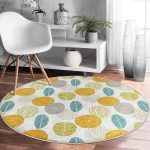 Renkli Zeminde Yaprak Motifli Dijital Baskılı Modern Gold Salon ve Oturma Odası Yıkanabilir Kaymaz Tabanlı Yuvarlak Halı Realhomes