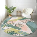 - RealHomes Dijital Baskılı Kaymaz Tabanlı Comfort Yuvarlak Halı - Realhomes  Soft Renkli Zeminde Onedraw Çizimli Yaprak Motifli Dijital Baskılı Modern Yeşil Salon ve Oturma Odası Kaymaz Tabanlı Yuvarlak Halı Realhomes