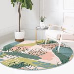 - RealHomes Dijital Baskılı Kaymaz Tabanlı Comfort Yuvarlak Halı - Realhomes  Soft Renkli Zeminde Onedraw Çizimli Yaprak Motifli Dijital Baskılı Modern Yeşil Salon ve Oturma Odası Kaymaz Tabanlı Yuvarlak Halı Realhomes