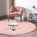 Pudra Zeminde Onedraw Çizimli Çiçek Desenli Dijital Baskılı Modern Pembe Mutfak Yıkanabilir Kaymaz Tabanlı Yuvarlak Halı Realhomes