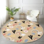 Hardal Zeminli Renkli Çiçek Desenli Dijital Baskılı Modern Kahverengi Salon ve Oturma Odası Yıkanabilir Kaymaz Tabanlı Yuvarlak Halı Realhomes