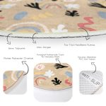 Hardal Zeminli Renkli Çiçek Desenli Dijital Baskılı Modern Kahverengi Salon ve Oturma Odası Yıkanabilir Kaymaz Tabanlı Yuvarlak Halı Realhomes