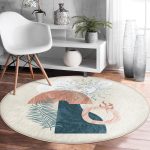 - RealHomes Dijital Baskılı Kaymaz Tabanlı Comfort Yuvarlak Halı - Realhomes  Renkli Zeminde Onedraw Çizimli Yaprak Desenli Dijital Baskılı Modern Salon ve Oturma Odası Kaymaz Tabanlı Yuvarlak Halı Realhomes