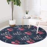 - RealHomes Dijital Baskılı Kaymaz Tabanlı Comfort Yuvarlak Halı - Realhomes Renkli Zeminde Onedraw Çizimli Çiçek Desenli Dijital Baskılı Modern Lacivert Salon ve Oturma Odası Kaymaz Tabanlı Yuvarlak Halı Realhomes