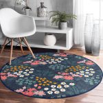 - RealHomes Dijital Baskılı Kaymaz Tabanlı Comfort Yuvarlak Halı - Realhomes  Renkli Zeminde Onedraw Çizimli Çiçek Desenli Dijital Baskılı Modern Lacivert Salon ve Oturma Odası Kaymaz Tabanlı Yuvarlak Halı Realhomes